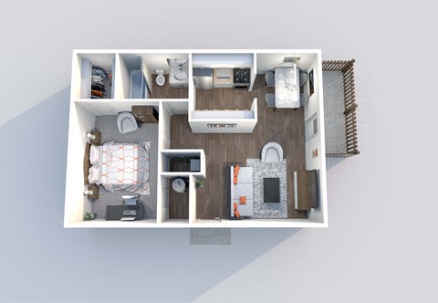 a furnished floor plan of a 1 bedroom apartment
